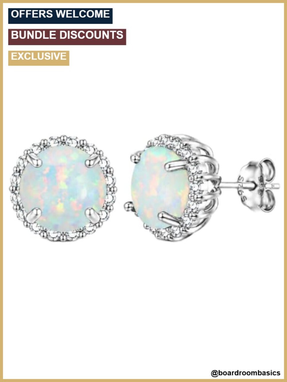 6mm Round Synthetic White Opal Halo Stud Earrings 925 Sterling Silver